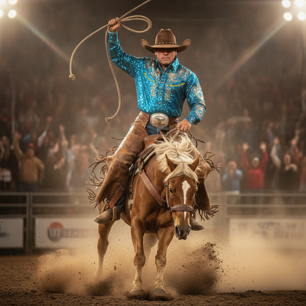 AI cowboy generator result showing a person as a rodeo cowboy in a bright competition shirt, chaps, and championship belt buckle in a dusty rodeo arena under stadium lights, real facial features recognizable
