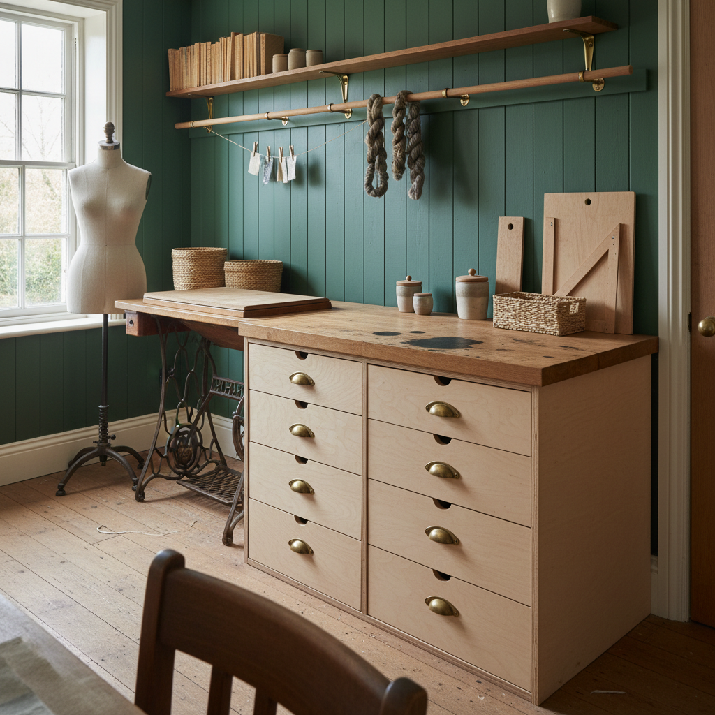 AI craft room design generator result: a sewing room in a spare bedroom with a solid oak worktop on a bank of bare plywood drawers with brass cup handles, a treadle table with the machine head folded away inside the closed wooden top, a linen tailor’s dummy at the sash window and a deep green tongue-and-groove wall behind.