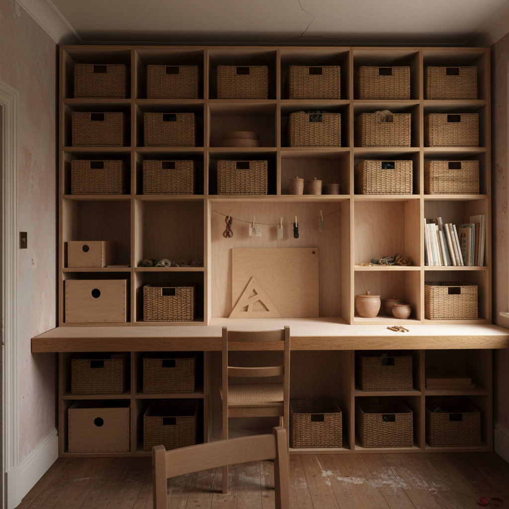 AI craft room design generator result: a floor-to-ceiling plywood craft storage wall with shelves housed into the uprights and no brackets anywhere, woven baskets in every cubby, a full-width worktop across the middle at sitting height and a bare patchy plaster wall to one side.