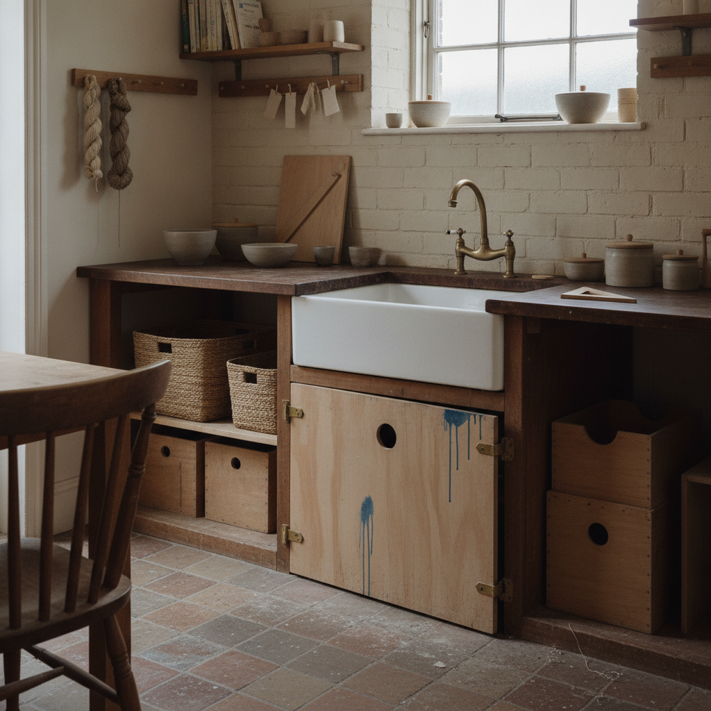 AI craft room design generator result: a messy craft room with a deep white fireclay sink in a dark iroko worktop, a brass tap, a glazed brick wall behind, and blue glaze running in dried drips down the bare plywood cupboard door below the sink.