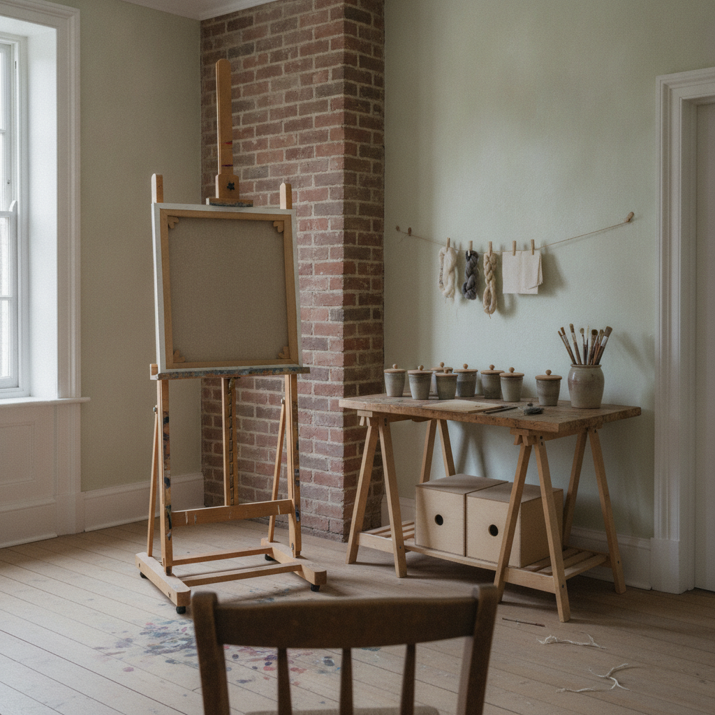 AI craft room design generator result: a painting corner under a tall north-facing sash window with a heavy A-frame wooden easel carrying a canvas turned to face the wall, a trestle table of stoneware pigment pots and brushes, a full-height brick chimney breast and dried paint speckled across the floorboards.