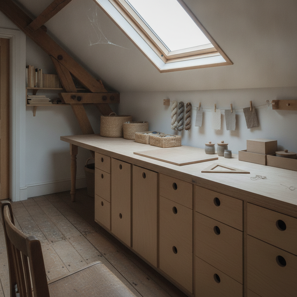 AI craft room design generator result: a loft craft room under a sloping ceiling with an exposed timber truss and a rooflight, a long pale worktop carried at its far end on a single turned leg, and a run of drawers with round finger holes bored through every front.