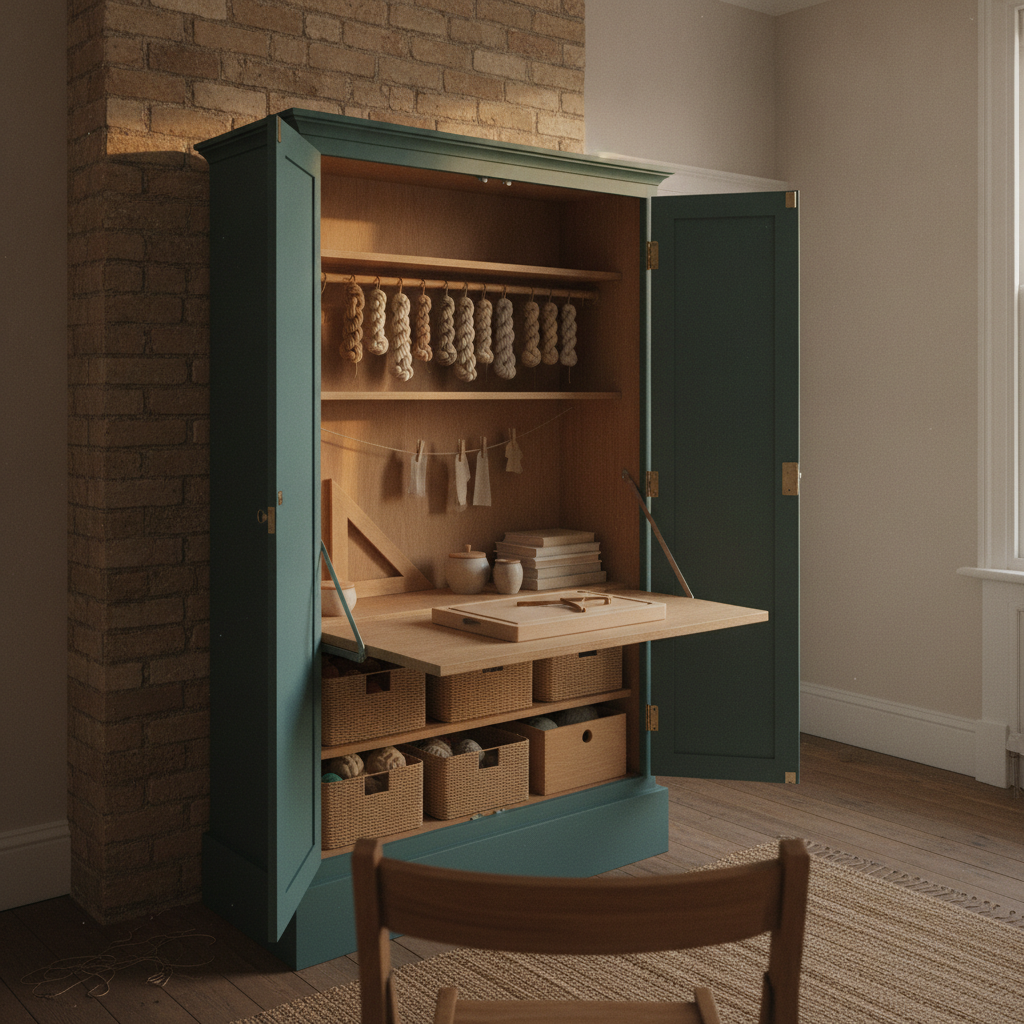 AI craft room design generator result: a tall freestanding blue-green craft cupboard standing on its own plinth with both doors swung back on brass butt hinges, a worktop let down flat and held by folding steel stays, wool hanging inside and a brick chimney breast behind.