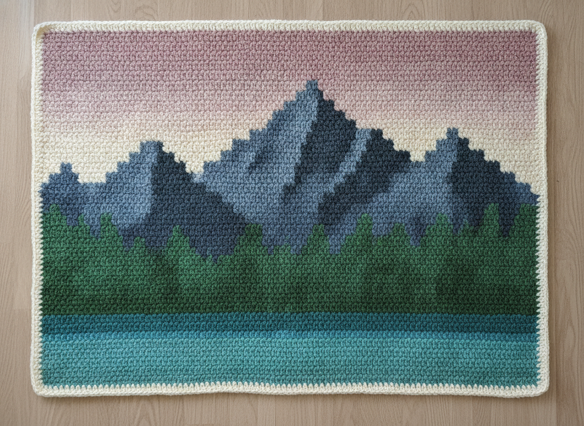 AI crochet pattern generator result: a graphgan blanket showing a mountain lake scene worked in single crochet colourwork, the picture built from small stepped blocks of slate, pine green and dusty rose yarn