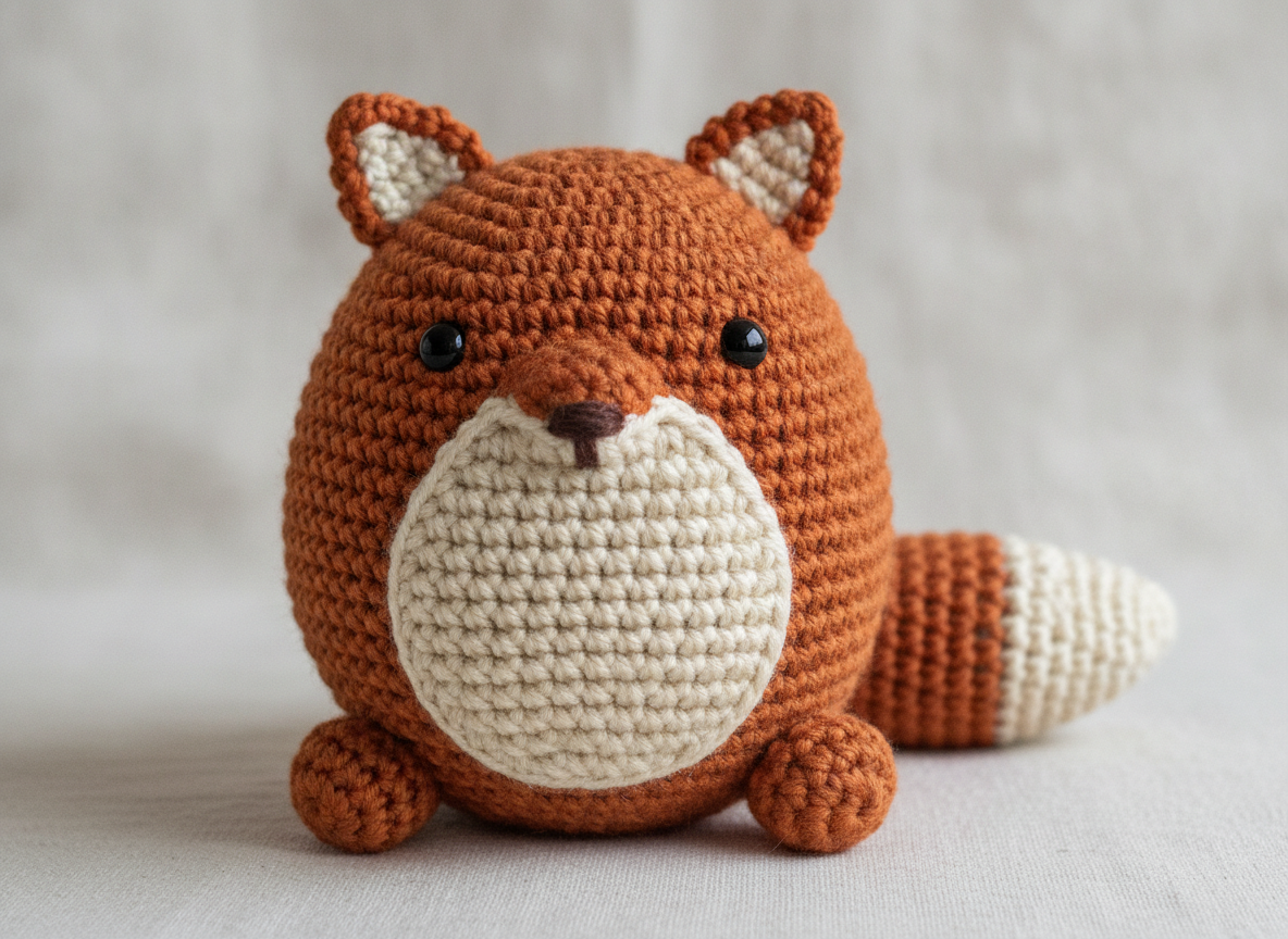 A round amigurumi fox toy crocheted in rust orange and cream yarn, its spiral rounds of single crochet stitches clearly visible across the stuffed body