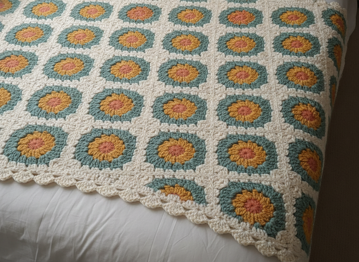 A granny square crochet blanket spread on a bed, each square worked in open treble clusters with a bright flower centre and a shared cream outer round, finished with a scalloped shell border