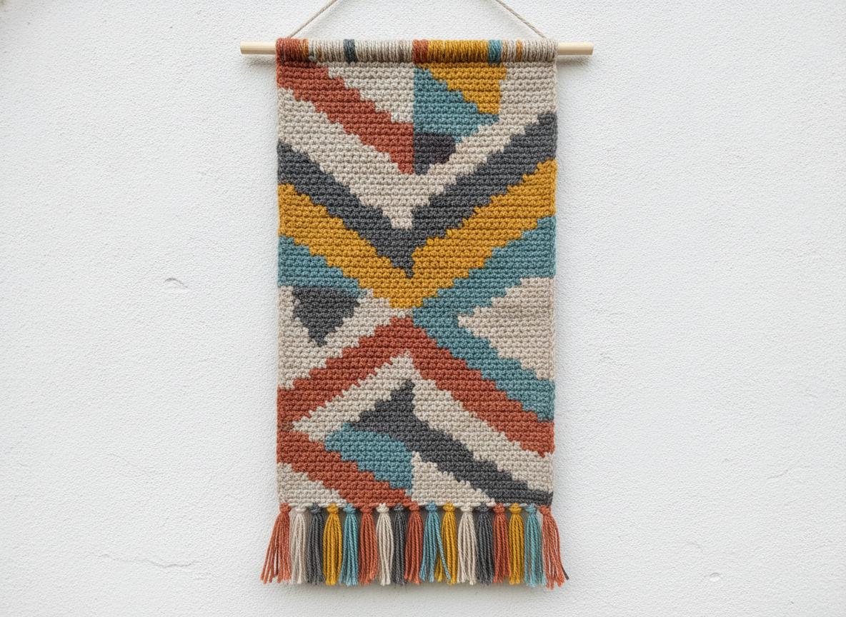 A tapestry crochet wall hanging on a wooden dowel, its dense single crochet rows forming asymmetric chevrons and blocks in terracotta, mustard, charcoal and oatmeal yarn above a tasselled fringe