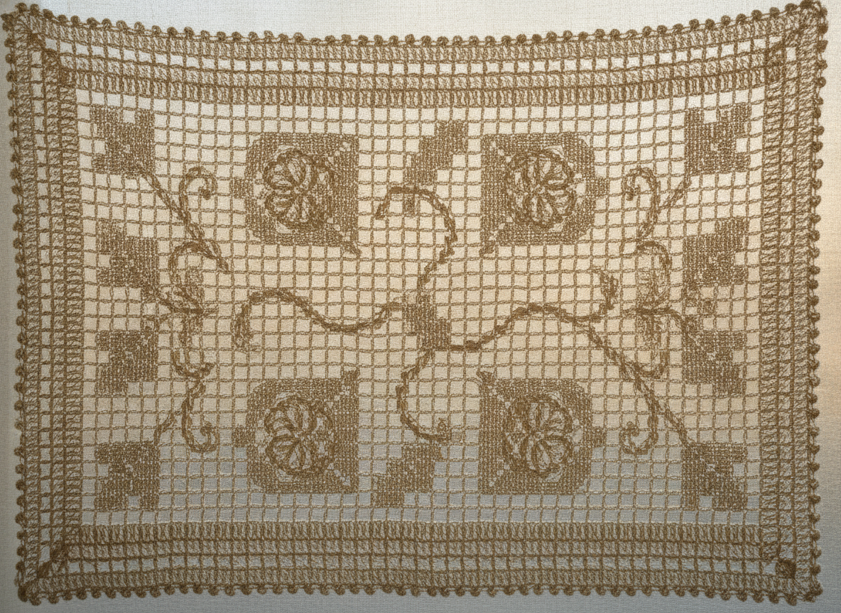 A filet crochet panel worked in fine warm tan cotton thread, roses and curling stems formed by filling selected cells of the open square mesh grid, edged with a picot border