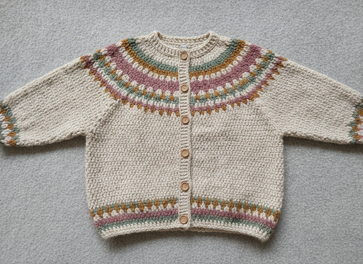 A handmade crochet cardigan laid flat, with colourwork bands of dots and diamonds in dusty rose, sage and ochre across the round yoke, the cuffs and the hem of an oatmeal body