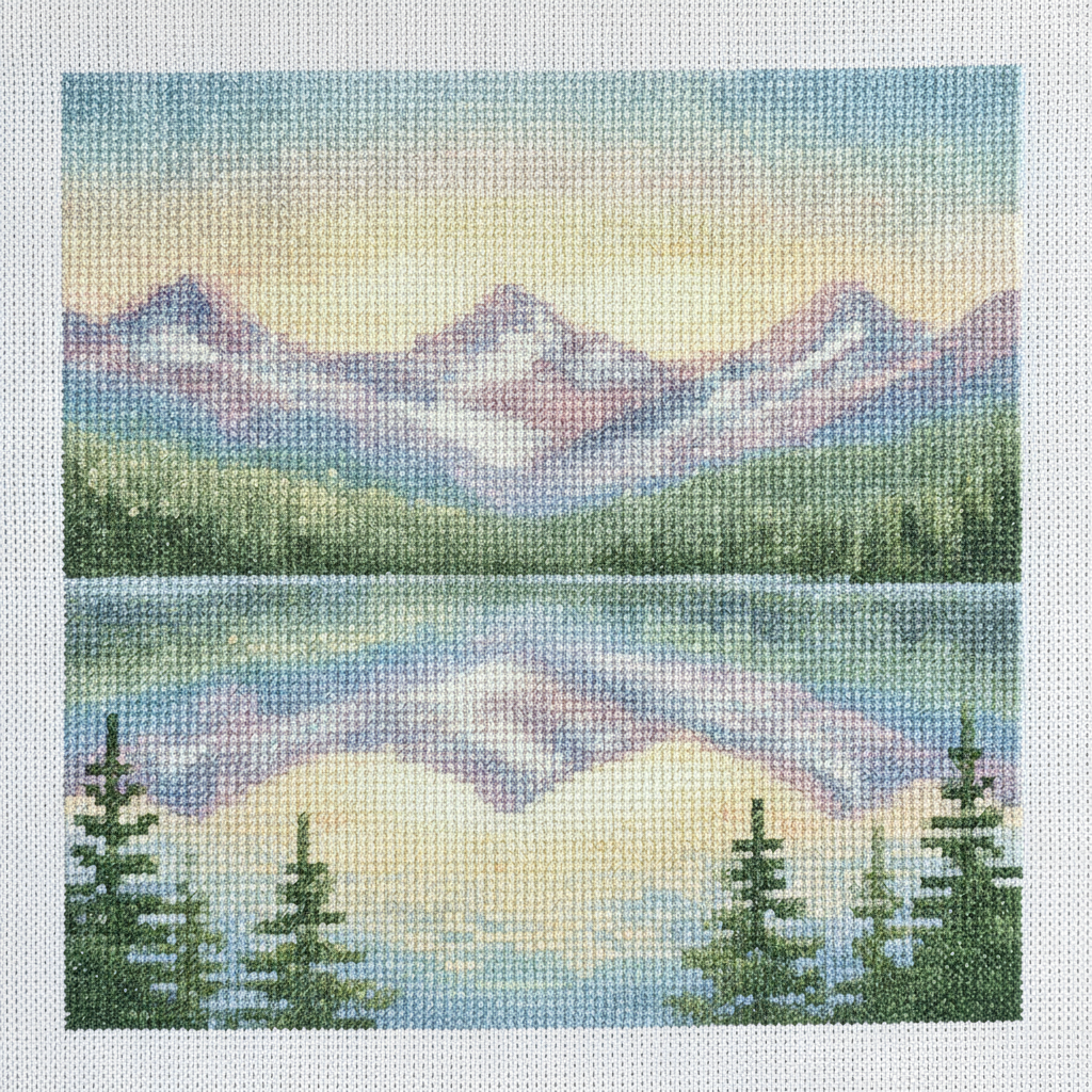 AI cross stitch pattern generator result: a mountain lake landscape worked in visible X stitches on white aida cloth, with soft pastel thread colours stepping across the water and a bare fabric margin at the edge