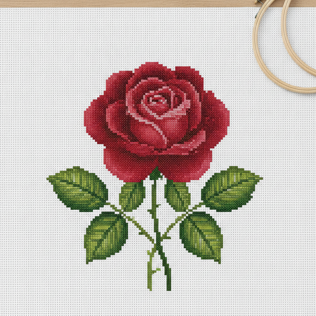 Cross stitch pattern of a blooming red rose with green leaves, a symmetrical counted design on gridded white aida fabric with distinct square stitches