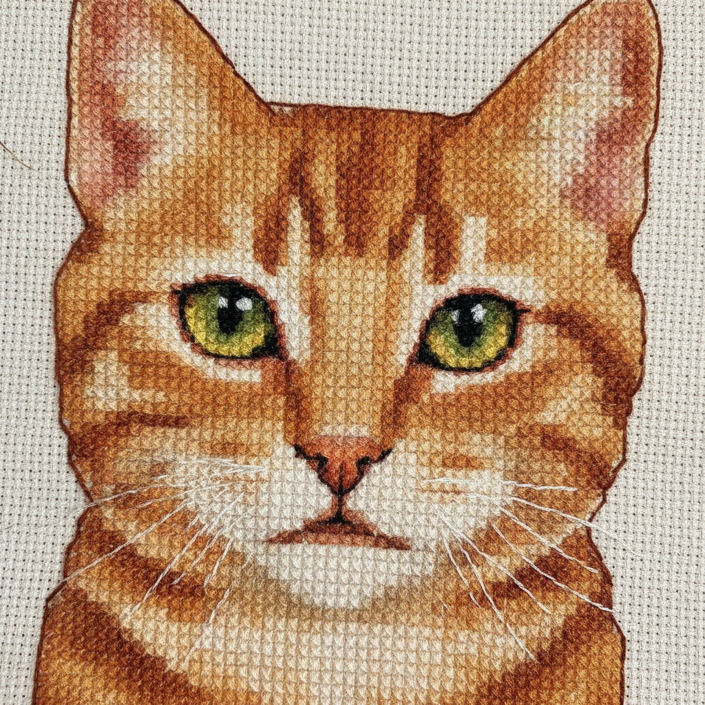 A tabby cat portrait converted to cross stitch by the AI cross stitch pattern generator, showing warm orange and cream floss blended across the face in visible X stitch texture
