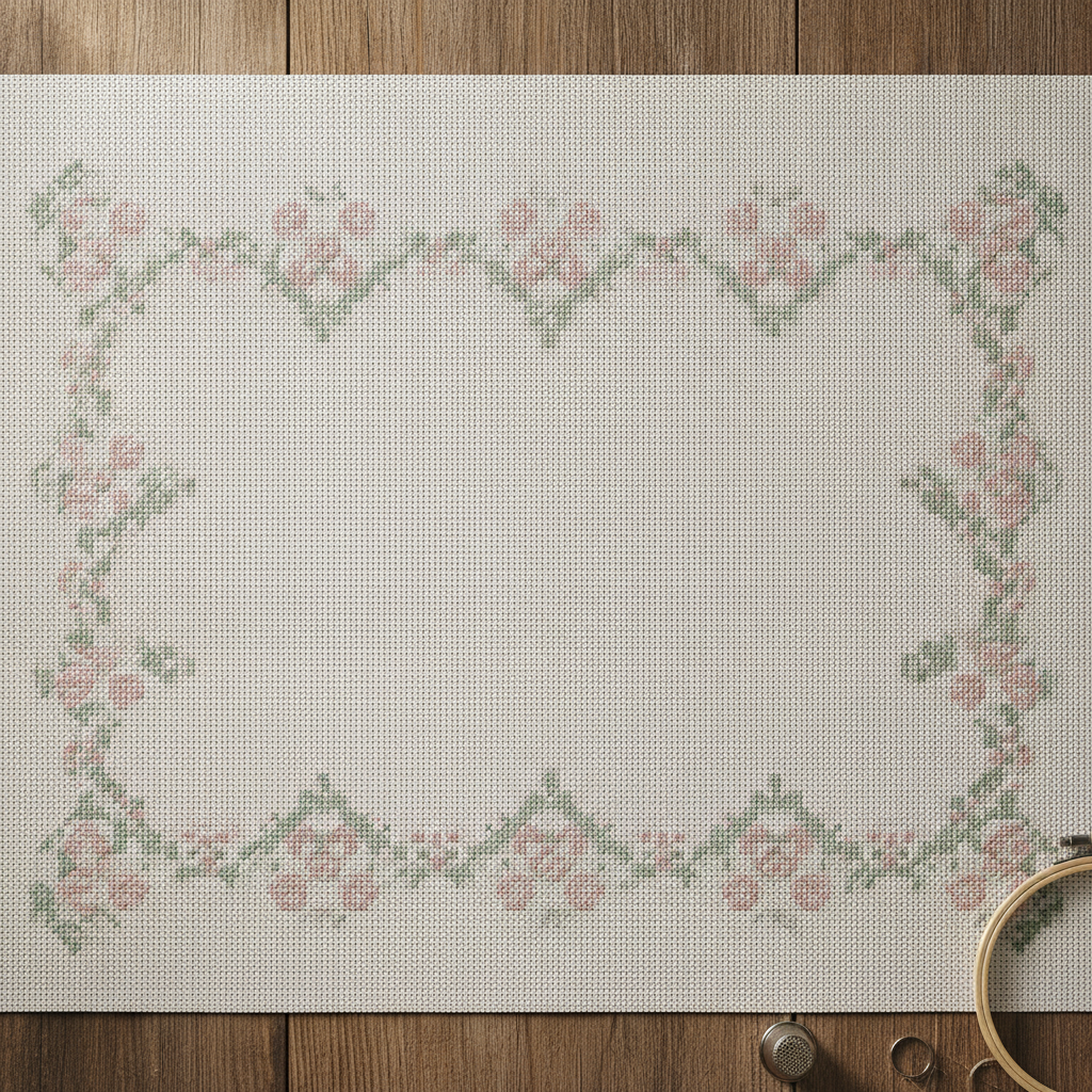 A cross stitch sampler border of repeating rose and vine motifs worked in muted sage green and blush pink floss around an empty centre of bare ivory aida, laid on a wooden table