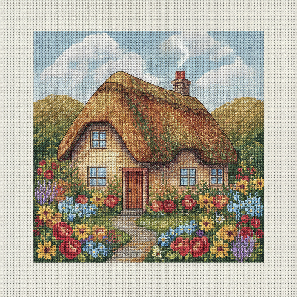 A cosy cottage with a flower garden stitched as a folk art cross stitch pattern, with earthy greens and browns under a soft blue stitched sky