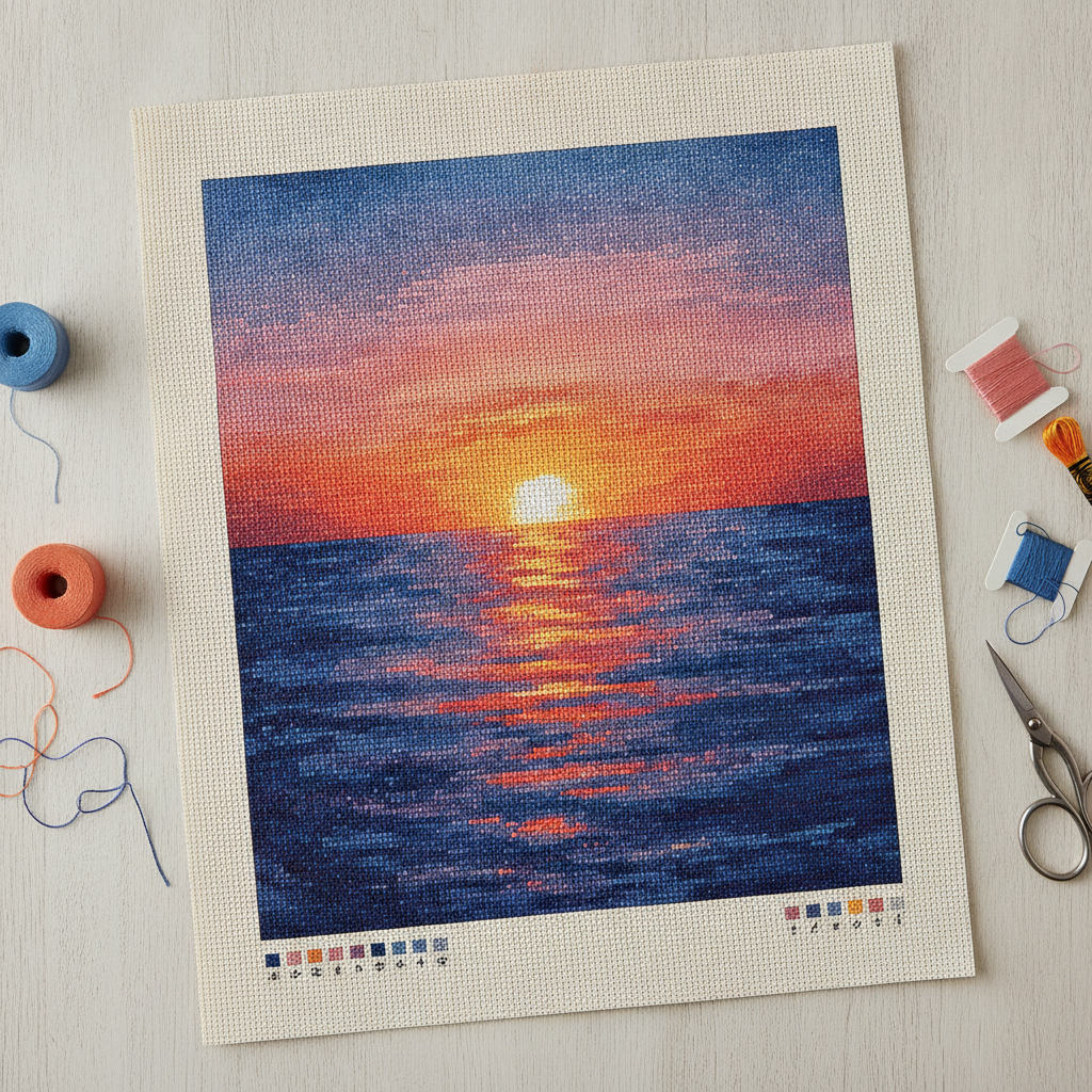 A sunset seascape converted into a counted cross stitch design, with a smooth gradient of blue, orange and pink squares forming a pixel-like grid on aida fabric