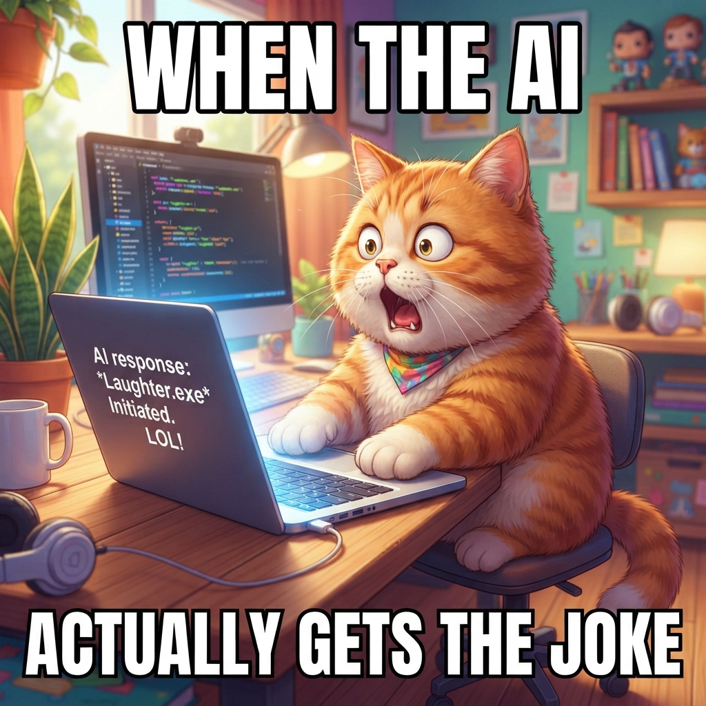 AI Crushon meme generator — a funny reaction meme with a surprised cat at a laptop and bold white caption text, created with the AI Crushon meme generator