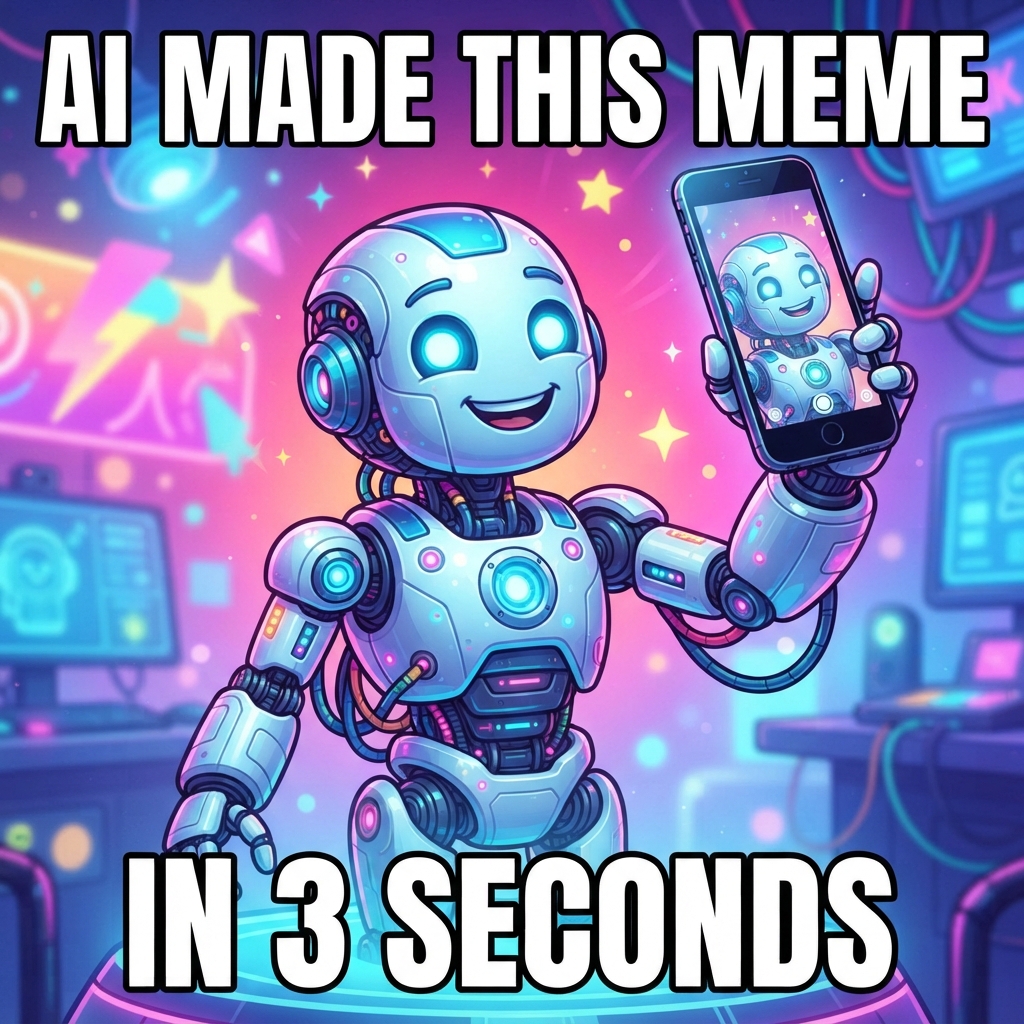 AI Crushon meme generator — a trendy AI robot selfie meme with crisp white caption text, made with the AI Crushon meme generator