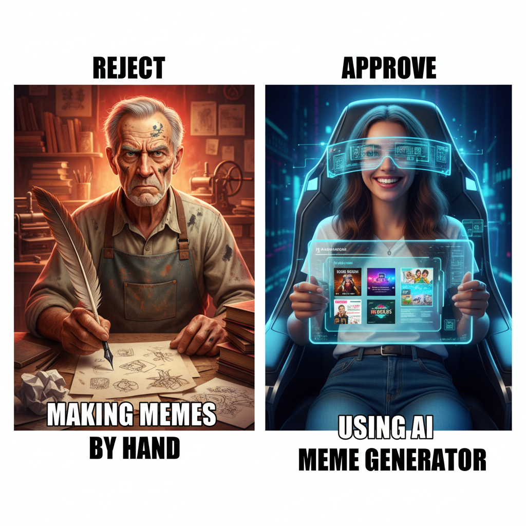 AI Crushon meme generator — a choice-format split-panel meme with reject and approve captions, created by the AI Crushon meme generator