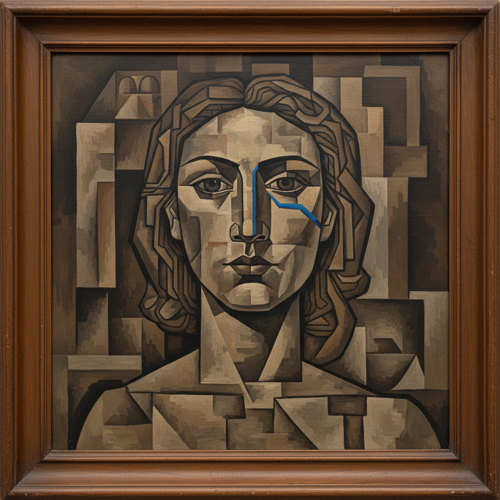 AI cubist portrait of a woman with fragmented geometric planes and multiple viewpoints