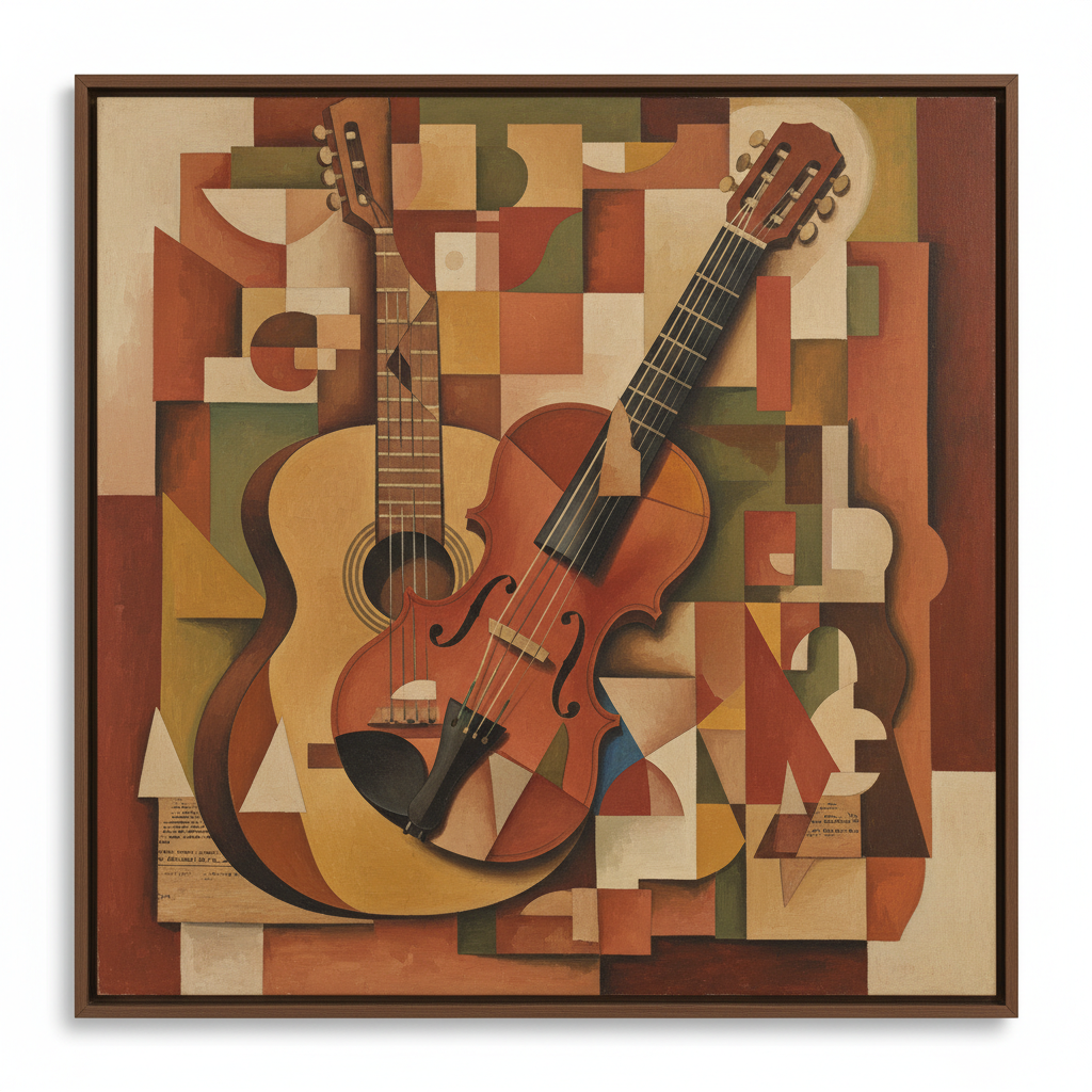 AI cubist still life of musical instruments broken into intersecting geometric facets