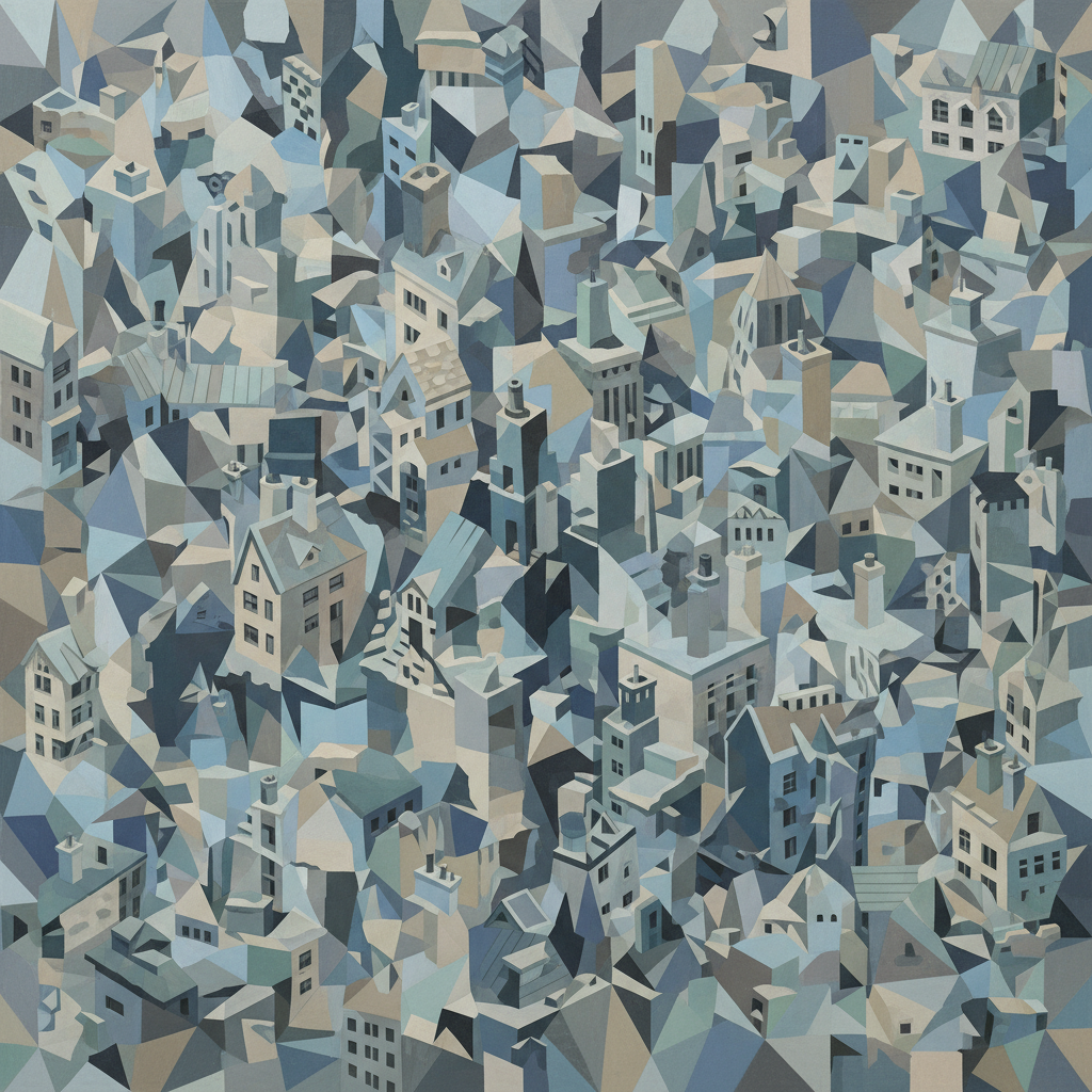 AI cubist cityscape deconstructed into angular interlocking polygons and prismatic shards