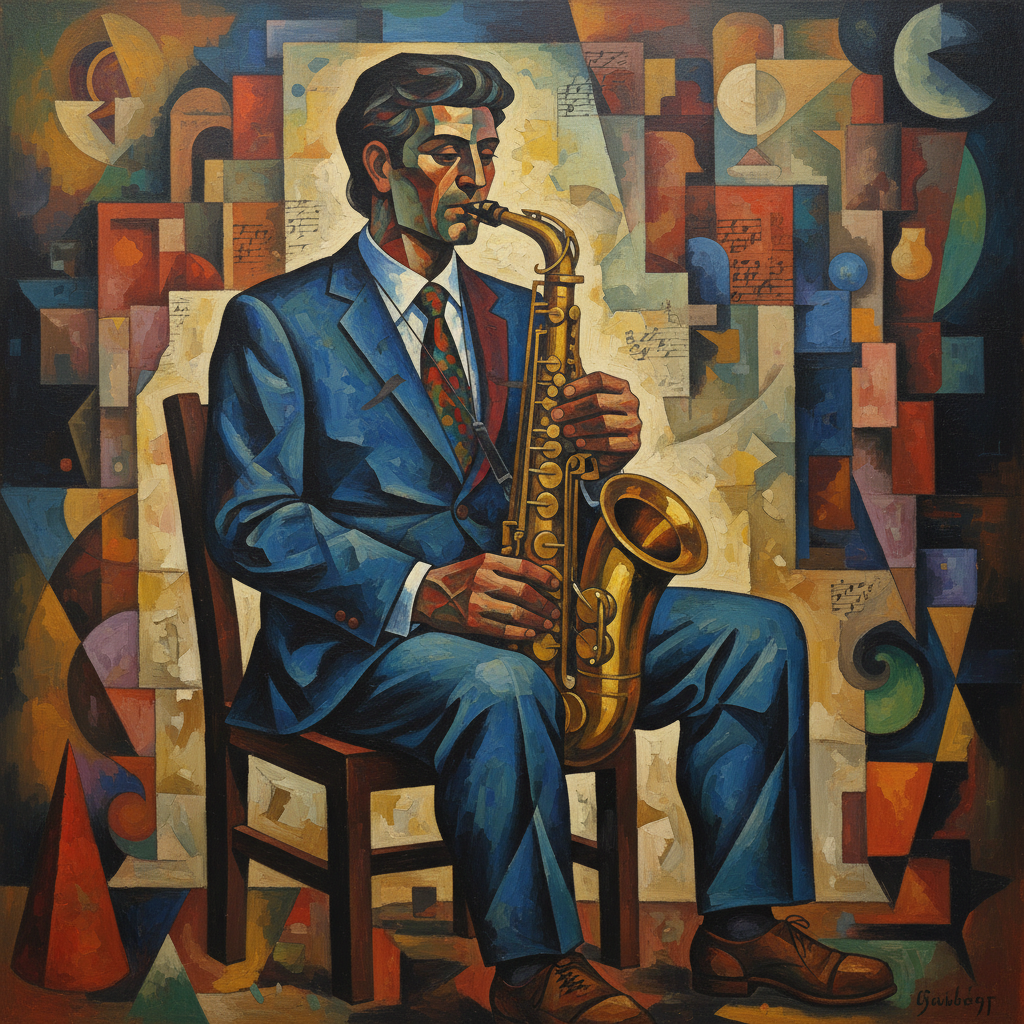 AI cubist abstract figure of a seated musician in bold geometric shapes and vibrant color