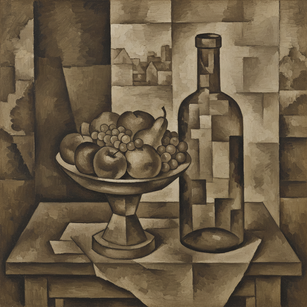 AI cubist still life of a fruit bowl and bottle in faceted geometric forms
