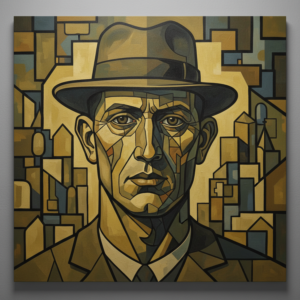 AI cubist portrait of a man with a hat combining profile and frontal views in angular planes
