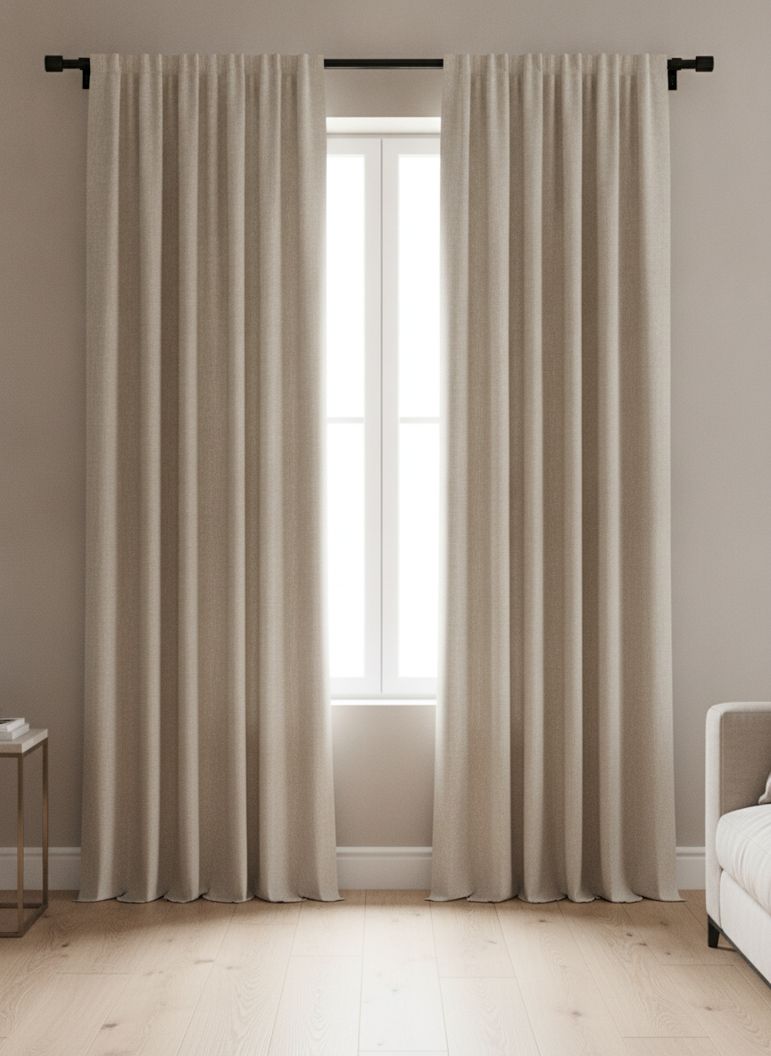AI curtain design generator result: a pair of floor length oatmeal linen curtains hanging either side of a tall window in a calm living room. It is also a good illustration of the detail these renders almost always drop. The brief asked for a triple pinch pleat, and what arrived is a hidden back tab heading, with the rod passing behind the fabric, no pleat heads at all, and the folds emerging as soft even waves out of nothing. The linen itself is convincing: slubby weave, deep regular folds, a very slight break where it meets the floor. Notice too that both panels are stacked across the glass rather than clear of it, which is what a rod that stops at the window frame gives you, and what it costs is daylight, every morning.