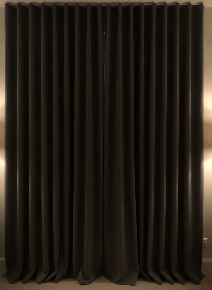 Heavy charcoal blackout curtains closed across a bedroom window at night, lit only from inside the room, and the most useful failure on this page. Everything requested is present: deep saturated colour that reads true under lamplight, generous fullness, closely spaced folds, a soft sheen where the light rakes across the cloth. Everything except the one thing the prompt asked for by name. A bright vertical line of daylight is leaking straight down the centre where the two panels meet. That is an accidentally accurate mistake, because centre leak, side leak and top leak are exactly how real blackout curtains fail, and they are fixed by overlap, returns and a wraparound track rather than by fabric.