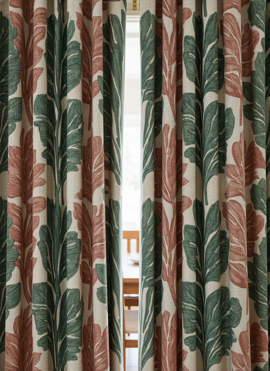 A large scale botanical print in forest green and clay red on a cream ground, shot close so the fabric rather than the room is the subject. This is where an AI curtain design generator quietly flatters you. The leaves stay whole and legible as they cross each fold, shaded but never really cut. On a real gathered curtain at two and a half times fullness, roughly half of that repeat is folded away inside the pleats at any given moment, so the design approved flat is not the design anybody in the room actually sees. The sunlit slice of window in the middle is worth noticing as well, because in the real room that gap is what the eye goes to, not the pattern.
