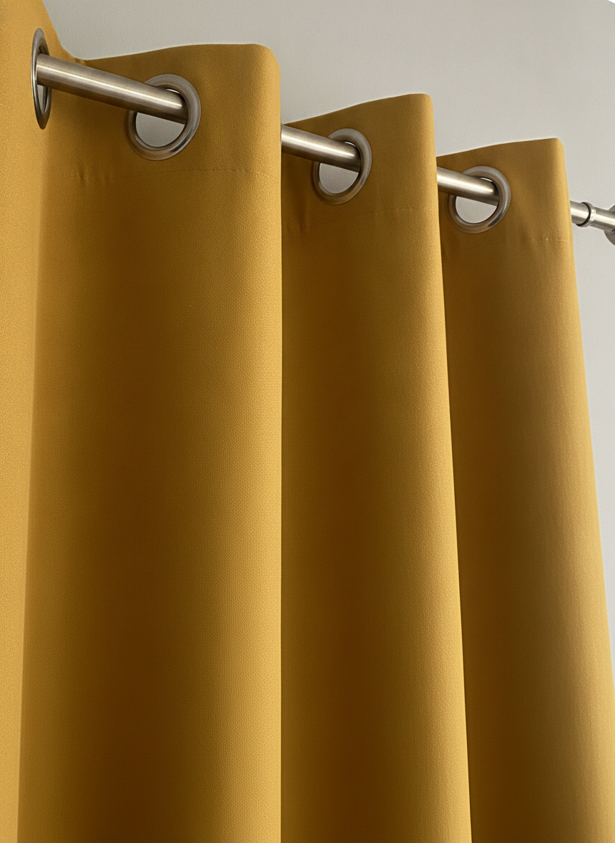 The heading detail: mustard cotton on large brushed steel eyelets, and the most straightforwardly correct image in the set. The eyelets are punched through a reinforced band, the stitch line across that band is visible, the rod passes through the rings, and the panel falls into the deep alternating waves that an eyelet heading forces on it whether you want them or not. The fabric reads as a plausible mid weight cotton rather than a thin one. One thing is wrong if you follow the rod to the right, where it appears to pass in front of the panel and then simply stop, which is the sort of small structural nonsense worth catching before a picture goes to a maker.
