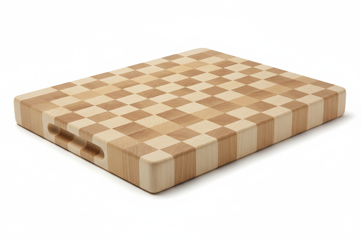 AI cutting board design generator result: an unbranded end-grain hard maple butcher block about two inches thick, the top face a clean checkerboard of alternating cream and honey squares with long-grain stripes running down the sides, which is exactly right — the sides of a real end-grain block do show long grain. Two things are worth noticing. The finger grips landed as shallow slots in the long front face rather than proper handholds in the short sides, and the end-grain squares render as flat blocks of colour with none of the open pore texture that cut fibre ends actually have. The model knows the pattern; it does not know why the pattern is there