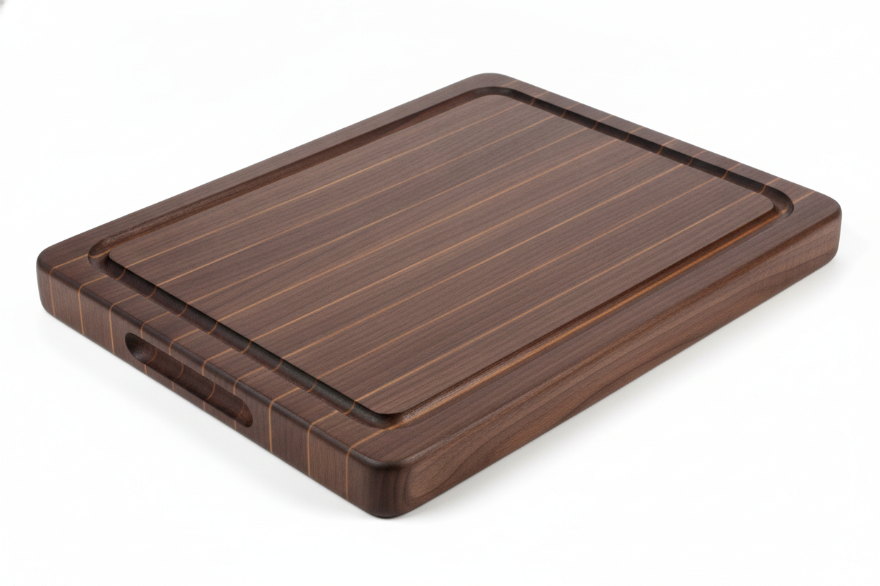 An edge-grain black walnut board with a juice groove routed as a continuous rounded rectangle inside the perimeter, which reads convincingly as a recess with a real radius at the corners. The tell is the glue lines: they arrive as pale orange pinstripes evenly spaced across the face, where a real walnut glue-up has seams you have to look for. The model has drawn lamination as a decorative stripe rather than as a joint. It also added a handhold slot that the prompt never asked for, which is the usual habit of filling in whatever a category normally has