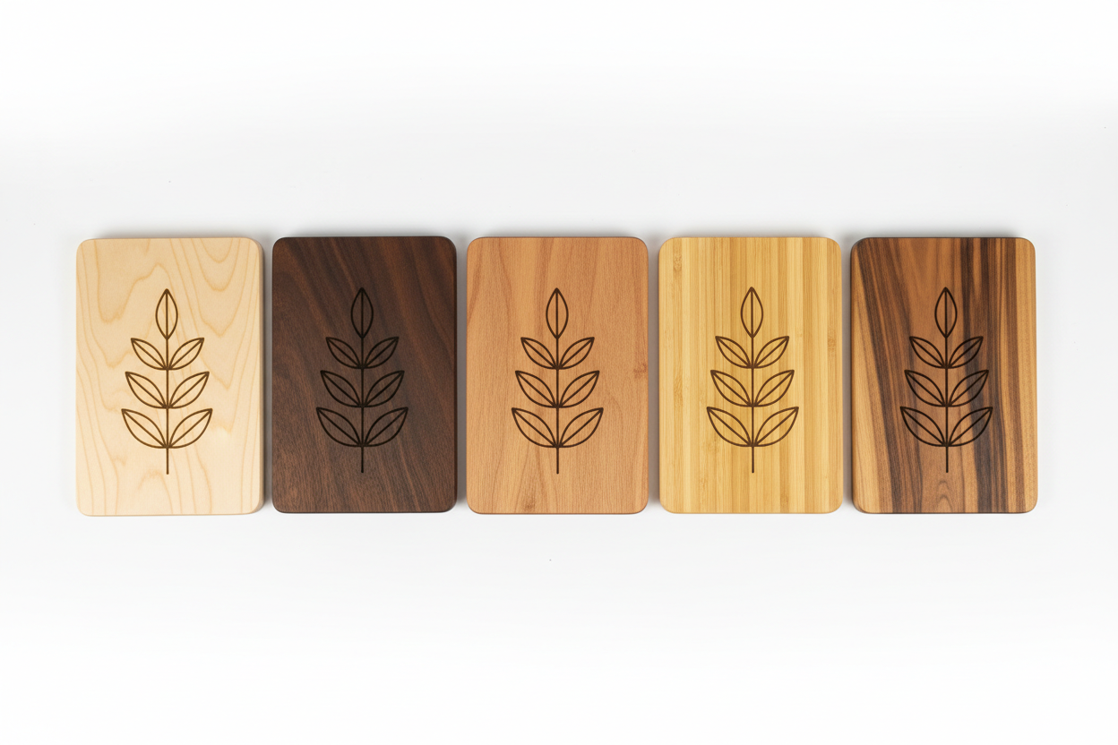 The comparison row, and the most useful frame on the page: five identical boards in hard maple, black walnut, cherry, bamboo and acacia, each carrying the same engraved leaf motif. One variable, five outcomes. The motif is crisp on maple, cherry and bamboo, it sinks into the walnut, and on the streaky acacia at the right the grain cuts straight through it. If anything the render flatters the walnut — a real burn on a wood that dark is fainter still. That single image decides more about a personalised board than the artwork does