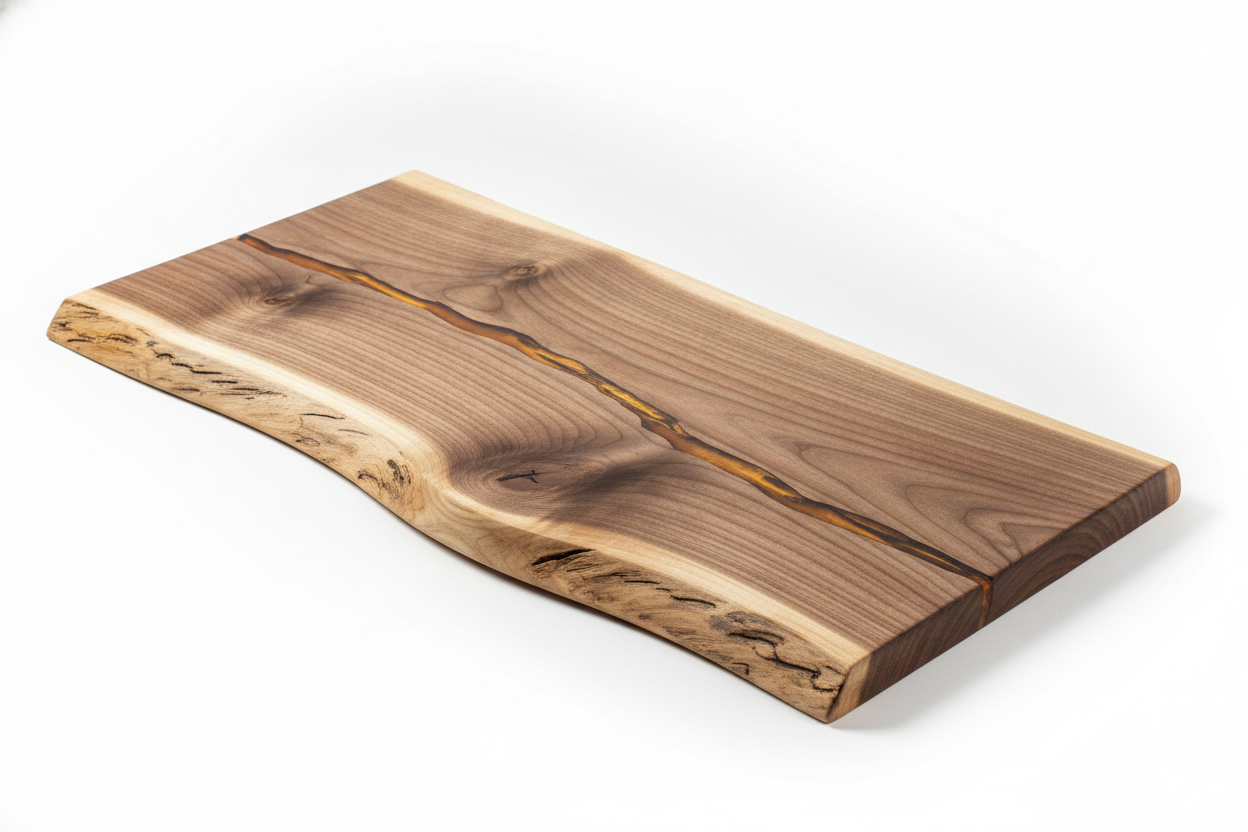 A live-edge walnut serving slab with one undulating natural edge and pale sapwood along it, straight cut on the far side, with beautifully resolved figure and a hand-rubbed satin sheen. The resin fill is the honest problem: the prompt asked for a narrow fissure through the middle and the render returned an amber vein that runs the entire length and exits at both ends, which is not a filled blemish but a through-crack. Pouring that in reality means damming both ends and accepting that the slab is in two halves held together by epoxy