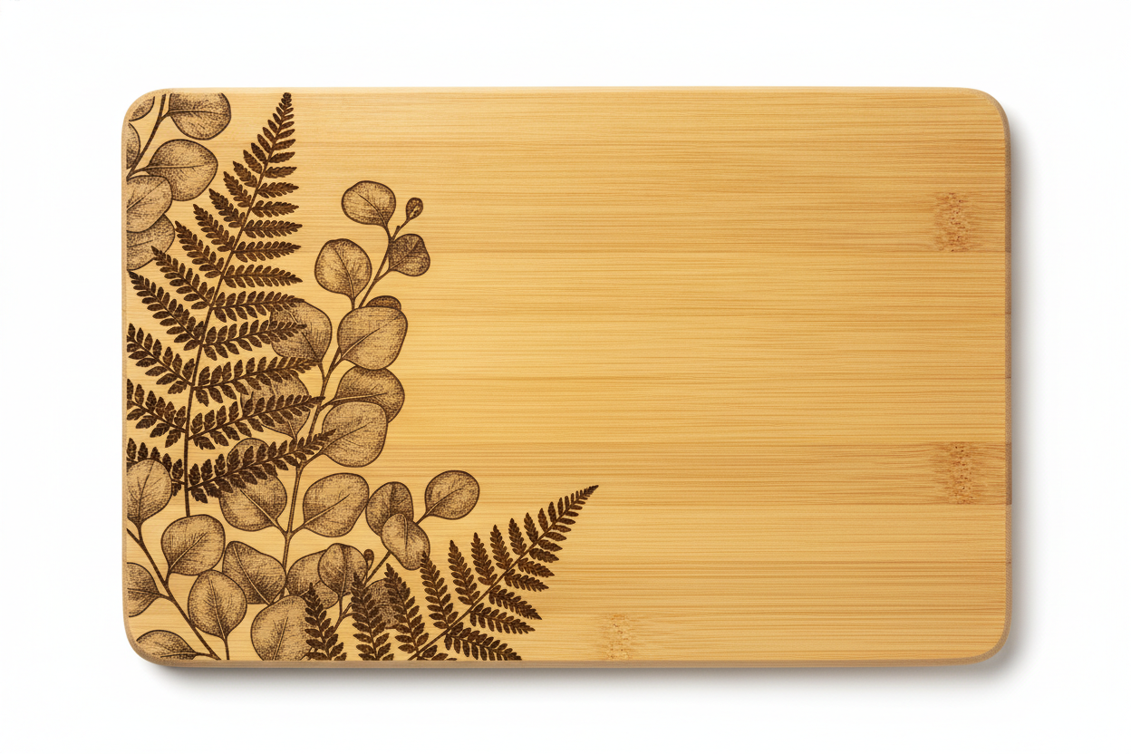 The commercially strongest frame of the six: a bamboo board shot flat from overhead with an engraved fern and eucalyptus motif filling the left third. Look closely at the eucalyptus leaves and the shading is dotted rather than continuous, which is precisely what a laser halftone looks like, because a burn has one tone and every intermediate grey has to be dithered out of it. The pale strand lines and the darker node marks toward the right edge are the giveaway that this is pressed bamboo rather than a hardwood