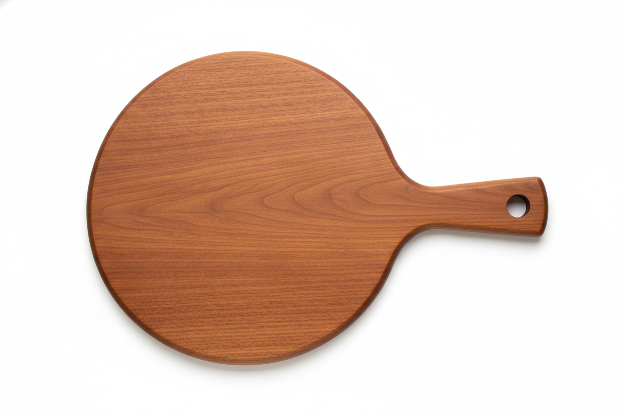 A round cherry paddle board with an integrated handle, a drilled hanging hole and a chamfer running the whole way around the top edge, rendered from directly overhead. What the picture quietly proposes is not buildable as drawn: the disc is one continuous piece of cherry with no glue lines anywhere, and a solid round that wide will cup and eventually split across the grain. Real paddle boards this size are glued up from several staves. The look is right, the construction is fiction, and that is the single most common way a wood render misleads