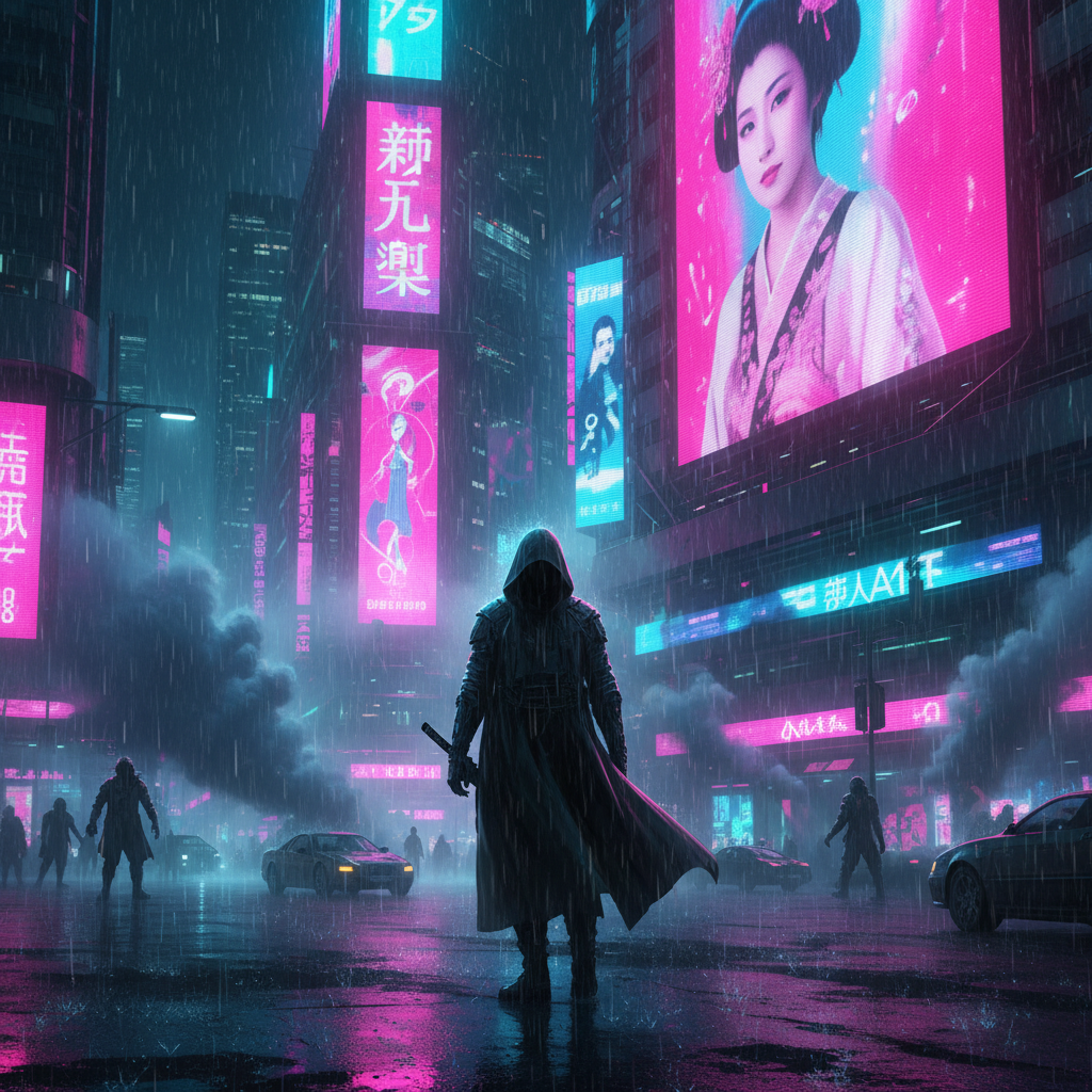 AI cyberpunk image generator hero — neon-soaked futuristic Tokyo street at night with towering holographic billboards in pink and electric blue, rain-slicked asphalt, cyborg samurai silhouette, cinematic Blade Runner 2049 lighting