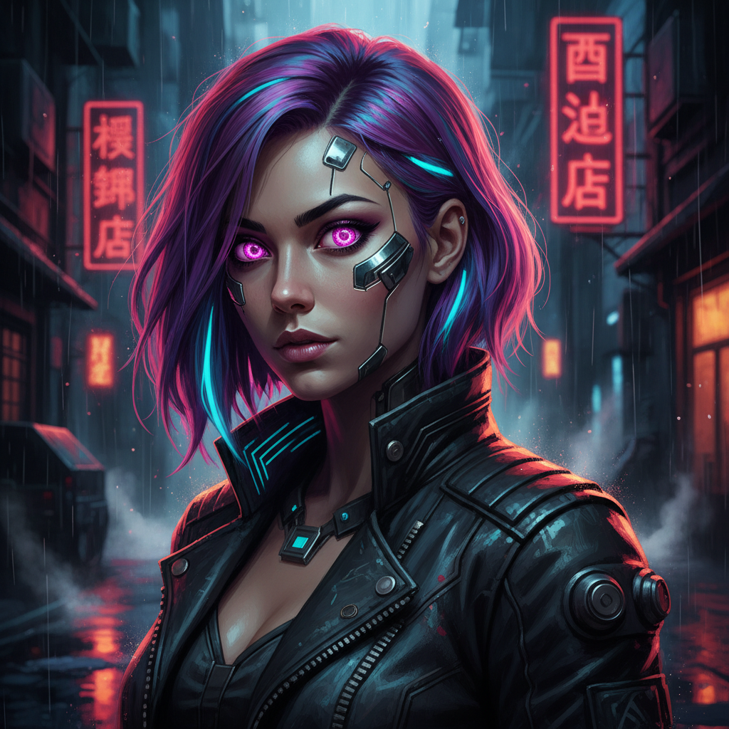 AI cyberpunk character portrait — close-up of female cyberpunk hacker with chrome neural implants, glowing magenta cybernetic eyes, iridescent purple hair with neon cyan highlights, leather jacket, dark alley with red neon kanji signs