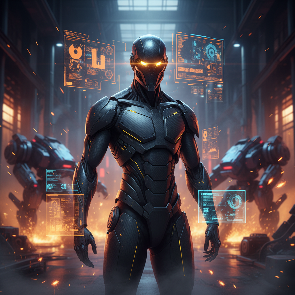 AI cyberpunk mech and android — sleek humanoid combat android with carbon-fiber armor plating, glowing yellow optical sensors, holographic HUD overlays, neon-lit warehouse with smoke and sparks, cinematic dramatic side lighting