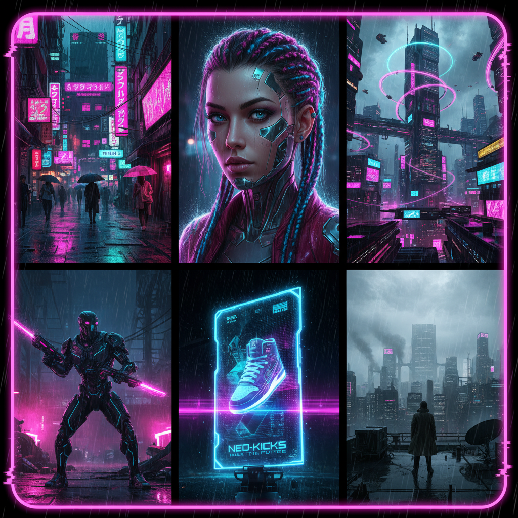 AI cyberpunk gallery grid — six varied cyberpunk style images including neon Tokyo street, cyborg portrait, futuristic cityscape, combat android, holographic advertisement, and dystopian rooftop view, vibrant magenta cyan neon lighting