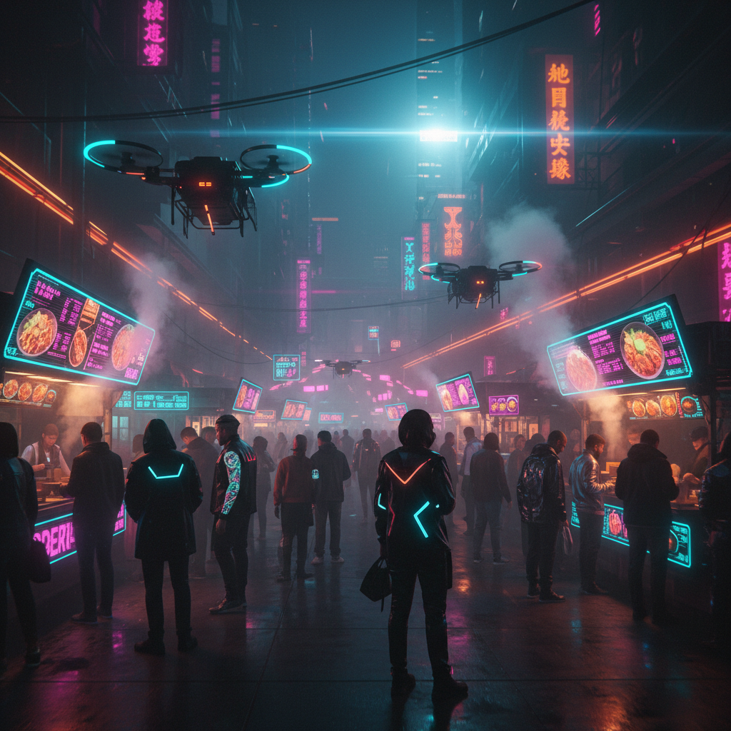 AI cyberpunk street vendor scene — bustling night market in futuristic Asian megacity with steaming food stalls, hovering drones with neon underglow, cyberpunk pedestrians in reflective fashion, holographic menus, dense atmospheric fog