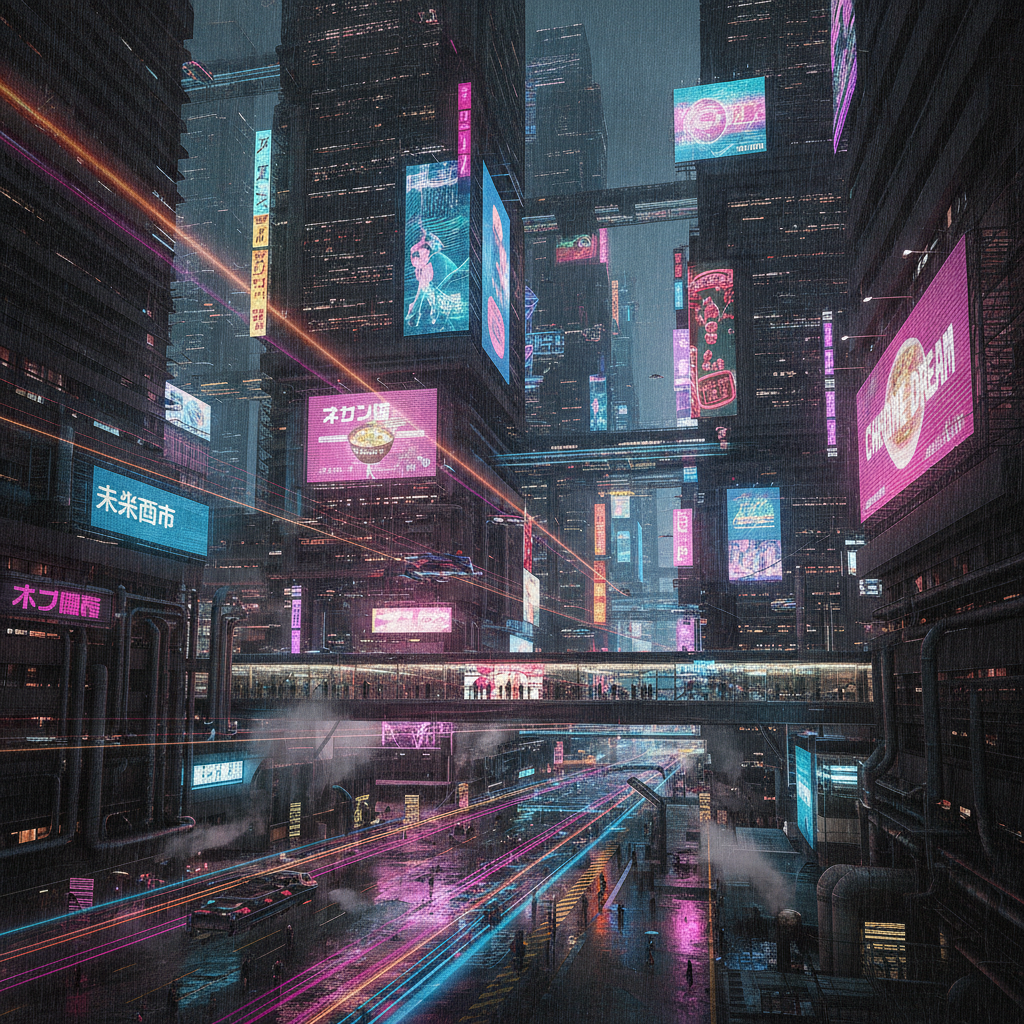 AI cyberpunk video generator creating a neon-lit futuristic megacity with holographic billboards