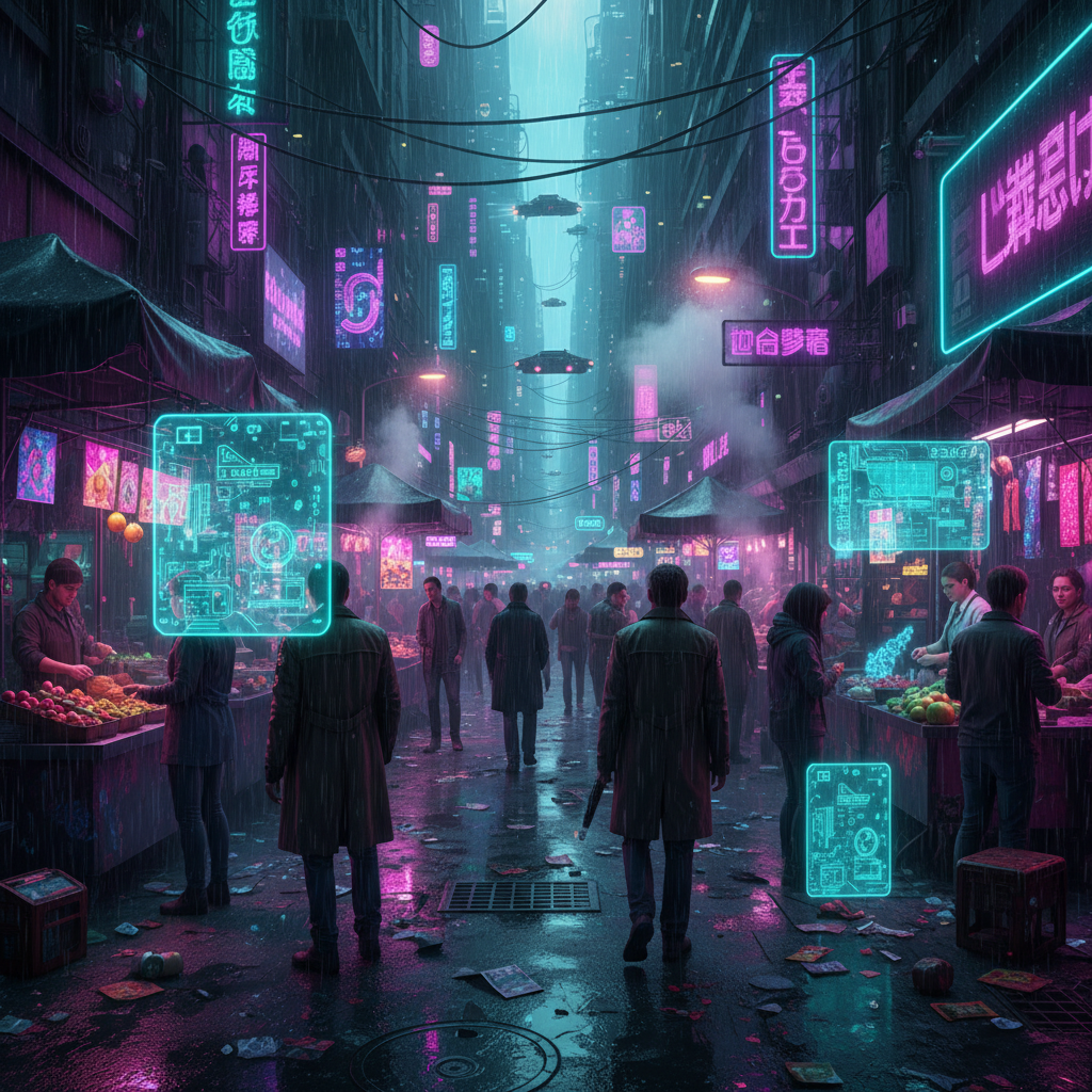 Neon cyberpunk street market scene created with the AI cyberpunk video generator