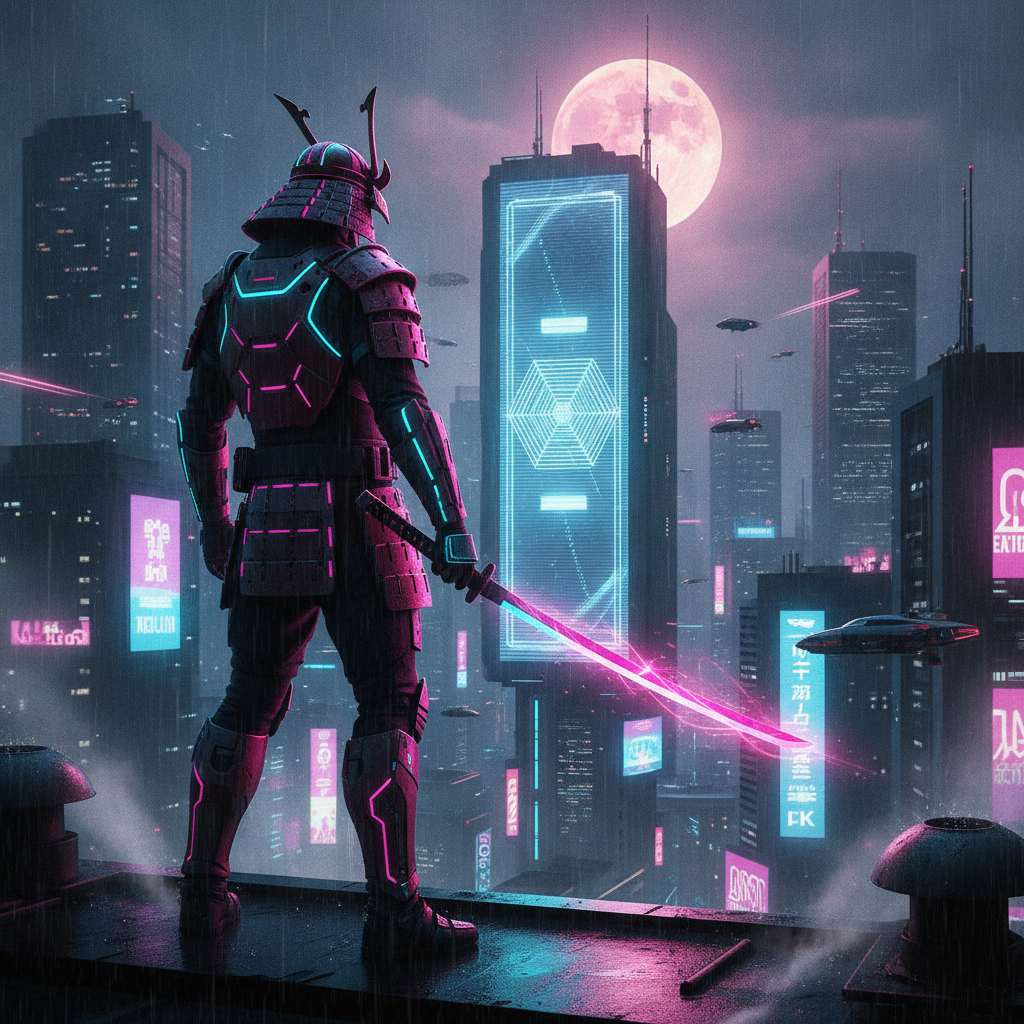 Cyberpunk neon samurai on a rooftop above a dystopian city from the dystopian video effects AI