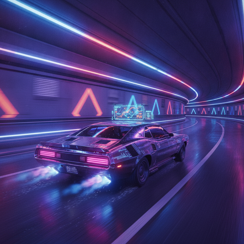 Cyberpunk muscle car racing through a neon tunnel made with cyberpunk style visuals AI