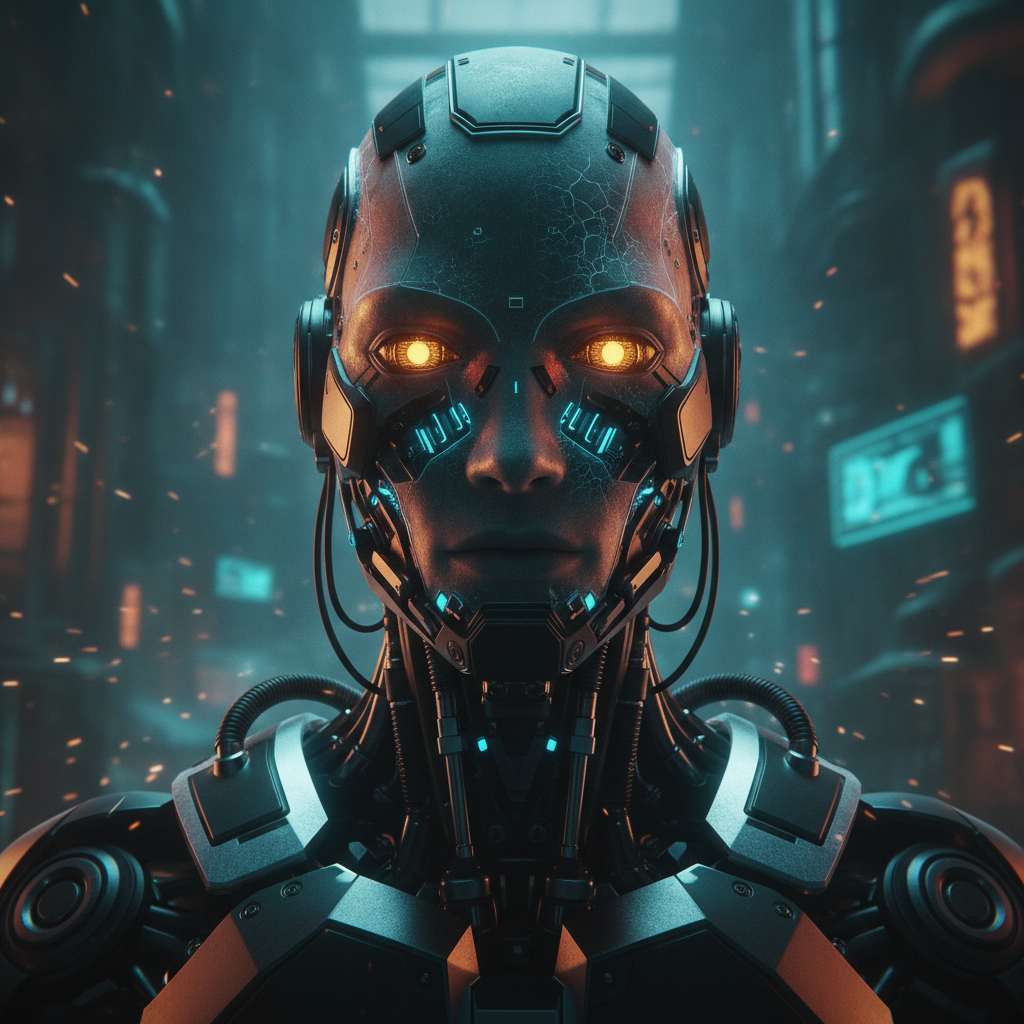 Cyberpunk android with glowing eyes and exposed circuitry created by the AI cyberpunk video generator