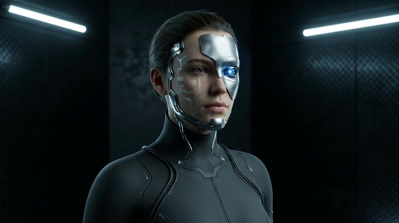 AI cyborg generator turning a person into a classic cyborg with brushed-metal facial plating and a glowing blue robotic eye while keeping their real face