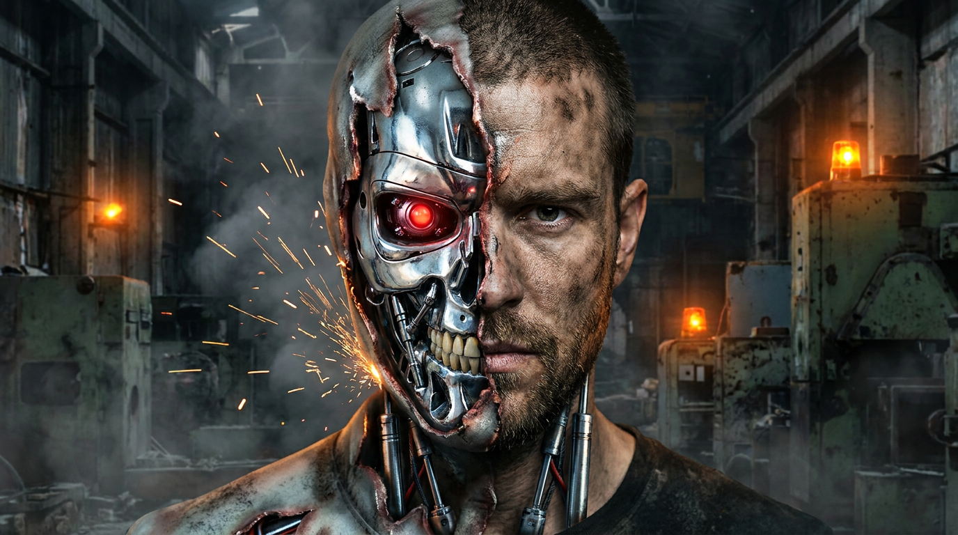 Battle-damaged cyborg with an exposed chrome endoskeleton skull and glowing red eye created with the AI cyborg generator